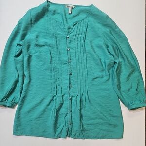 Bass Womens Blouse Small Green Pleated Button Front